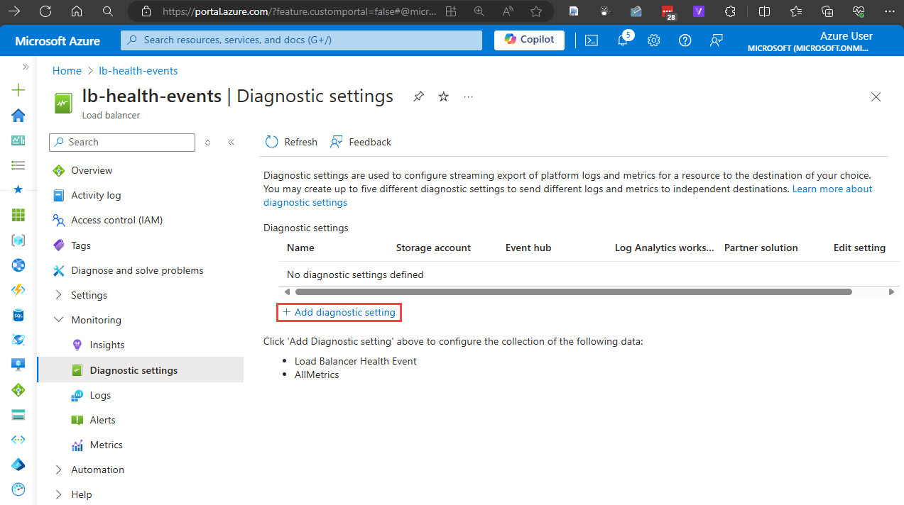 Captura de pantalla de la ventana de configuración de diagnóstico en Azure Portal.