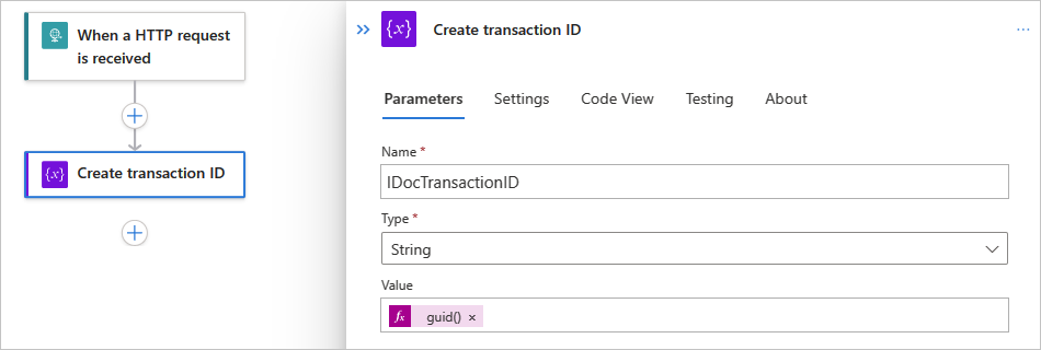 Captura de pantalla que muestra el flujo de trabajo Estándar con la acción denominada Crear id. de transacción.