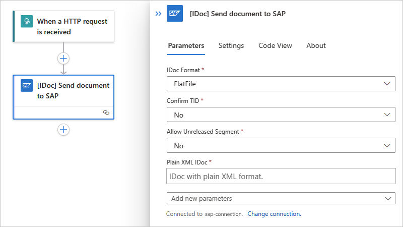 Captura de pantalla que muestra un flujo de trabajo estándar con la acción integrada de SAP denominada [IDoc] Enviar documento a SAP.