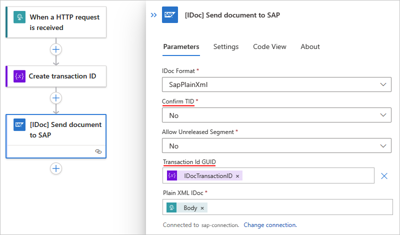 Captura de pantalla que muestra el flujo de trabajo Estándar con la acción denominada IDOC Enviar documento a SAP.