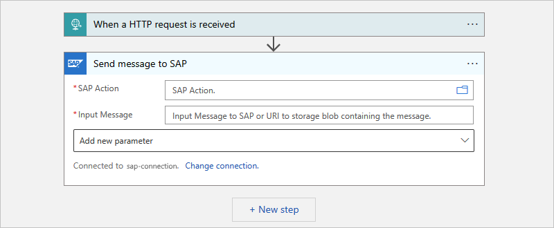 Captura de pantalla que muestra un flujo de trabajo de Consumo con la acción administrada por SAP denominada Enviar mensaje a SAP.