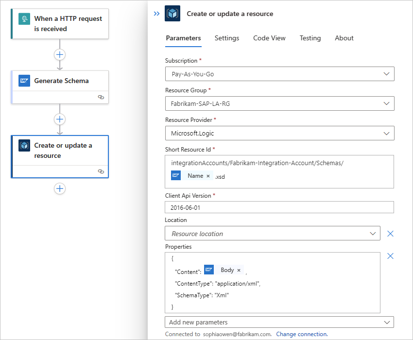 Captura de pantalla que muestra un flujo de trabajo estándar y una acción de Azure Resource Manager con parámetros agregados denominados Ubicación y Propiedades.