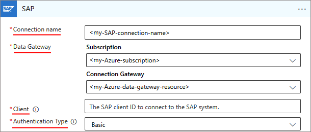 Captura de pantalla que muestra la configuración de conexión de SAP para el consumo.