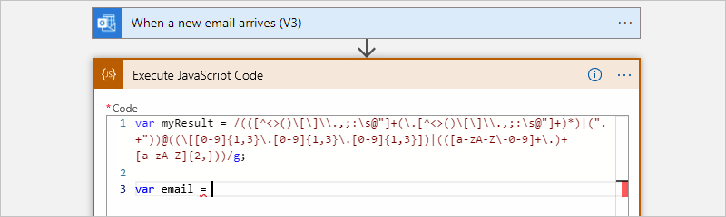 Captura de pantalla que muestra el flujo de trabajo de consumo, la acción Ejecutar código JavaScript y el código de ejemplo que crea variables.