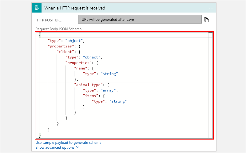 Proporcionar una carga JSON de ejemplo