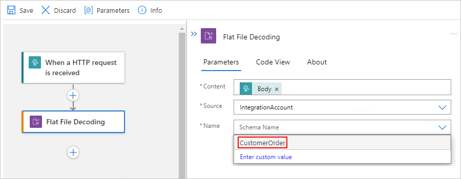 Screenshot showing the Standard workflow designer and the opened 