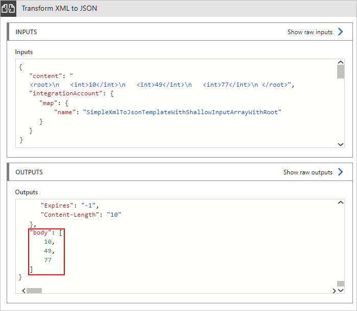 Captura de pantalla que muestra la salida de ejemplo para la transformación XML a JSON.