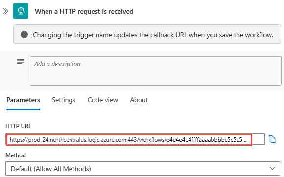 Captura de pantalla que muestra el flujo de trabajo Consumo, el desencadenador de solicitud y la dirección URL de devolución de llamada generada para el punto de conexión.