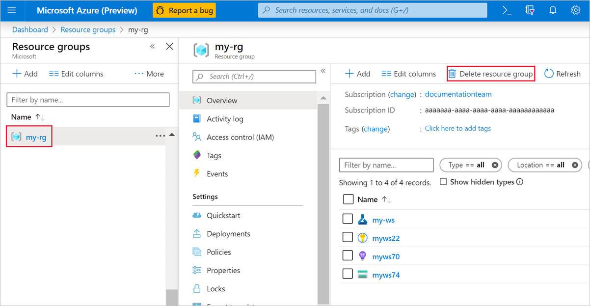 Eliminación de un grupo de recursos en Azure Portal