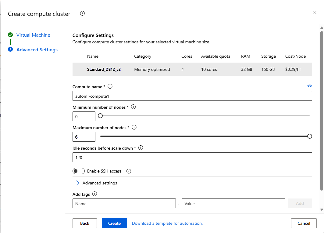 Captura de pantalla que muestra la página Configuración avanzada, donde se especifican valores para el clúster de proceso.