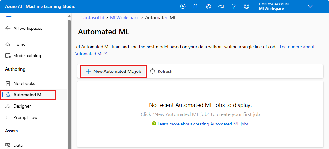 Captura de pantalla que muestra la página Aprendizaje automático automatizado, donde puede crear un nuevo trabajo de ML automatizado.