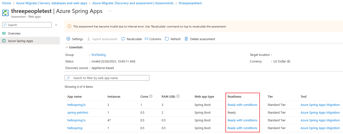 Screenshot of Azure Spring Apps readiness details.