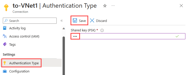 Captura de pantalla que muestra la corrección y guardado de la clave compartida para la conexión VPN en Azure Portal