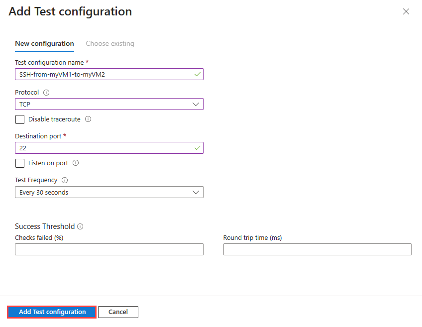 Captura de pantalla que muestra cómo agregar una configuración de prueba para un monitor de conexión en Azure Portal.