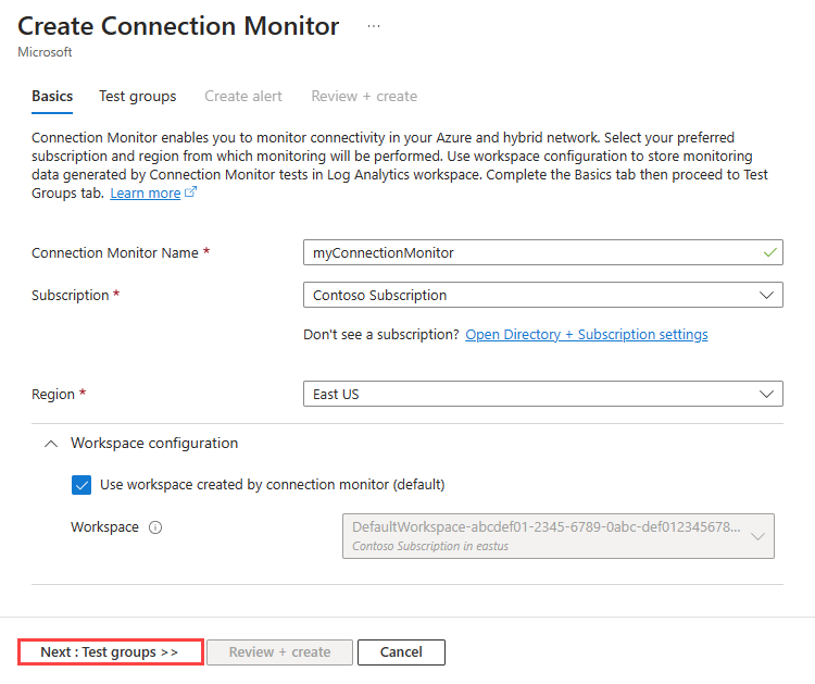 Captura de pantalla que muestra la pestaña Aspectos básicos de la creación de un monitor de conexión en Azure Portal.