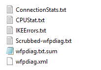 Captura de pantalla que muestra los archivos de registro creados después de ejecutar la comprobación de problemas de VPN en una puerta de enlace de red virtual.