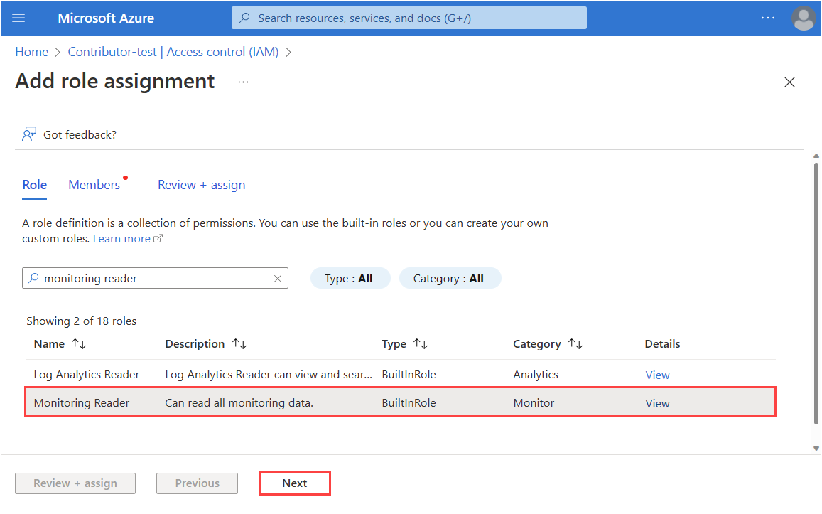 Screenshot showing the process for selecting Monitoring reader role.