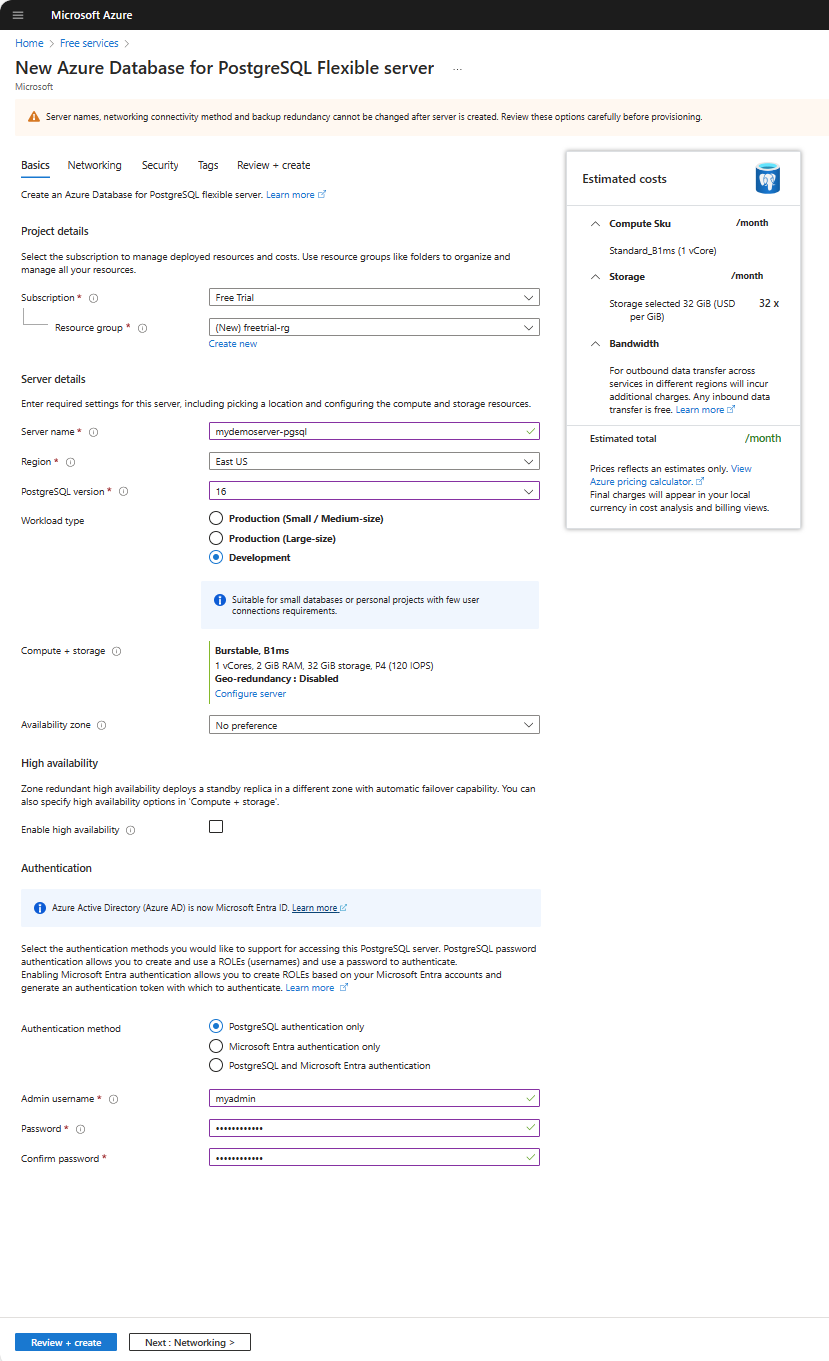 Captura de pantalla que muestra la configuración básica para crear una instancia de servidor flexible de Azure Database for PostgreSQL.