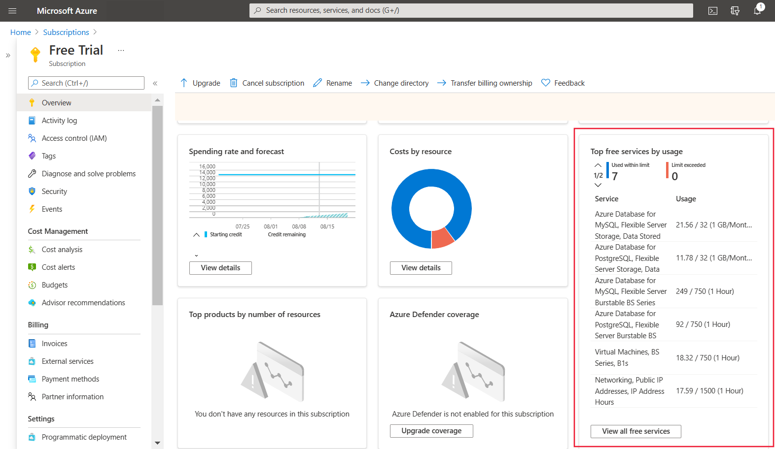 Captura de pantalla que muestra la página de información general de la suscripción de evaluación gratuita con la opción de ver todos los servicios gratuitos resaltada.