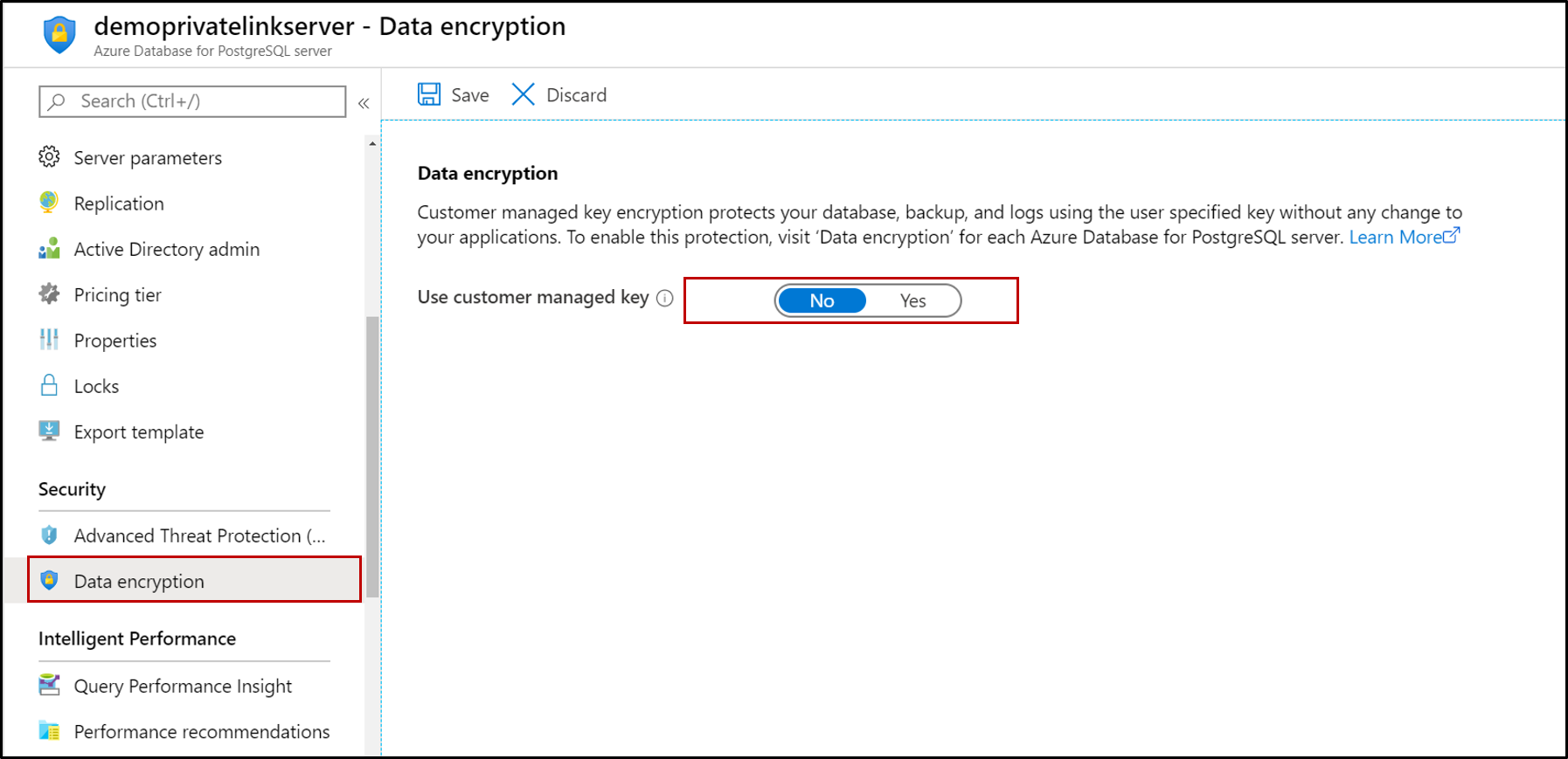 Captura de pantalla de Azure Database for PostgreSQL, con Cifrado de datos resaltado