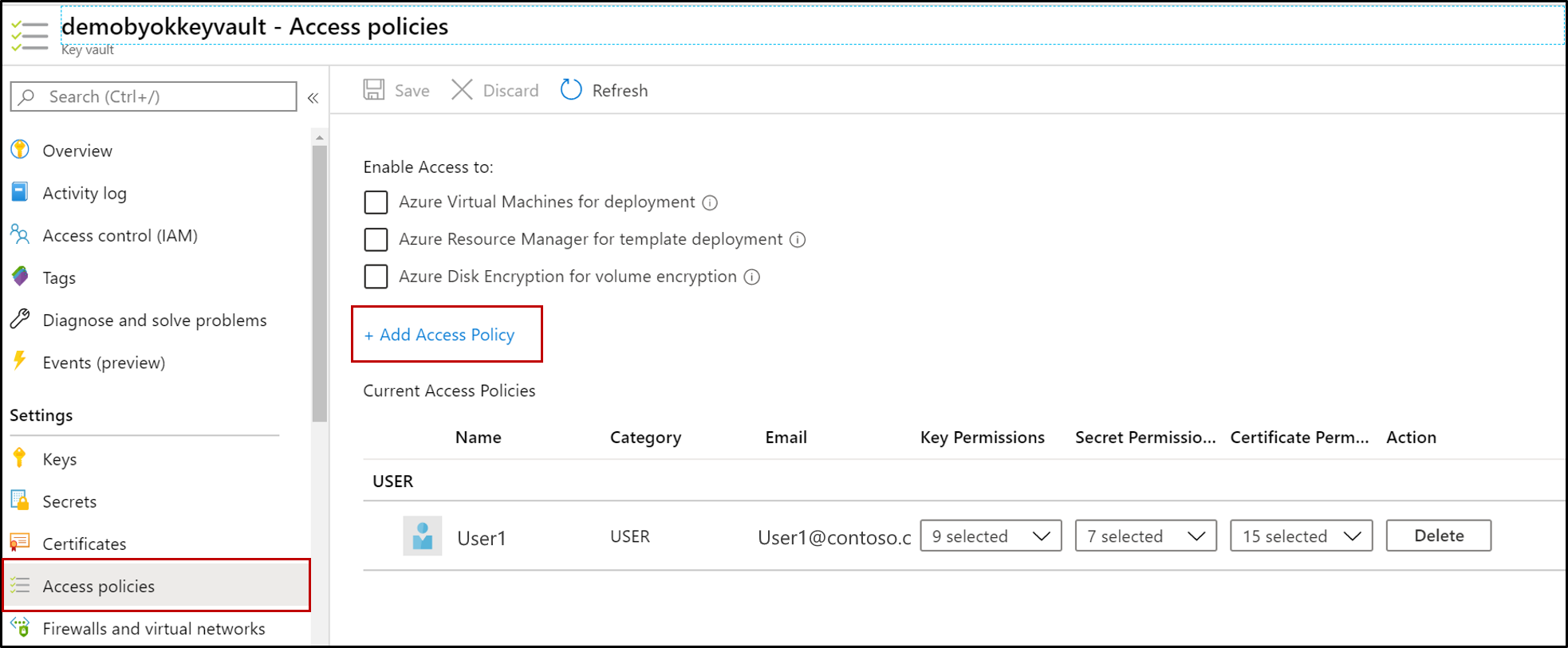 Captura de pantalla de Key Vault, con las opciones Directivas de acceso y Agregar directiva de acceso resaltadas