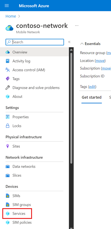 Captura de pantalla de Azure Portal que muestra la opción Servicios en el menú recursos del recurso Mobile Network.