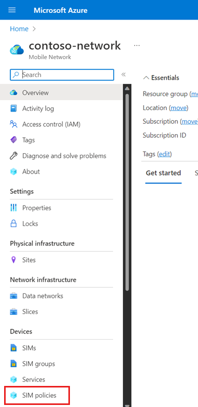Captura de pantalla de Azure Portal que muestra la opción Directivas de SIM en el menú de recursos de un recurso de la red móvil.