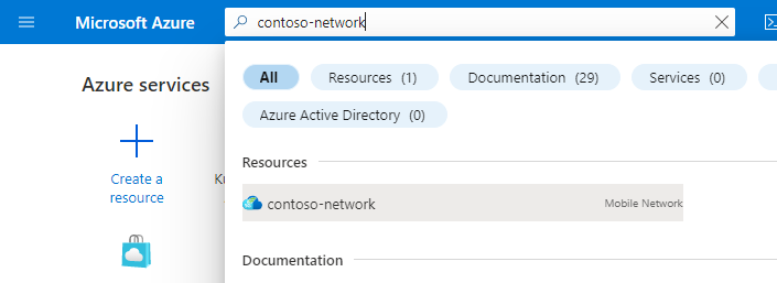 Captura de pantalla de Azure Portal que muestra los resultados de una búsqueda para un recurso Mobile Network.