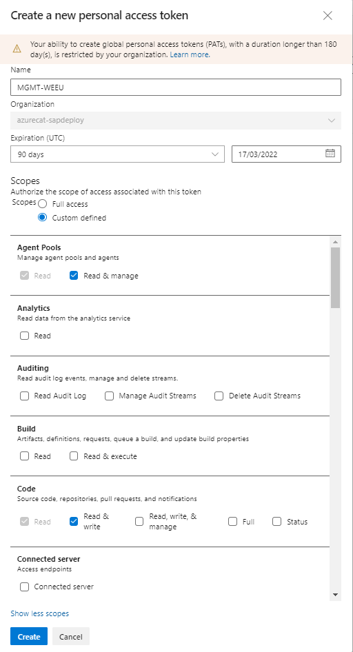 Captura de pantalla de la nueva página de token de acceso personal con los ámbitos necesarios configurados.