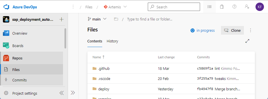 Captura de pantalla de Azure DevOps con un repositorio listo para la clonación.