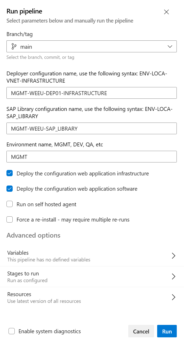 Captura de pantalla del cuadro de diálogo Ejecutar canalización en la implementación del plano de control.