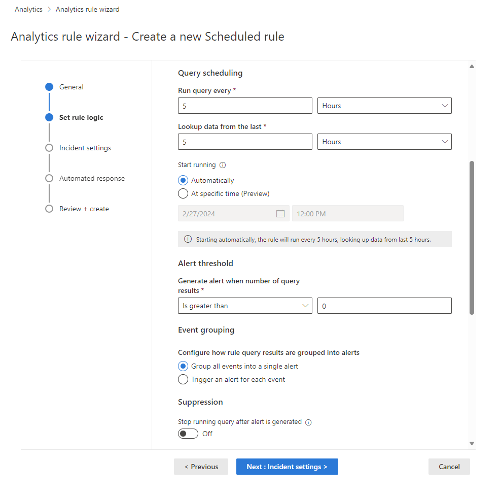 Captura de pantalla de continuación de la pantalla de la lógica de la regla del Asistente para reglas de Analytics en el portal de Defender.