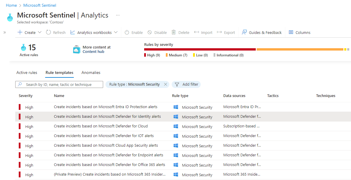 Captura de pantalla de la lista de plantillas de reglas de Seguridad de Microsoft