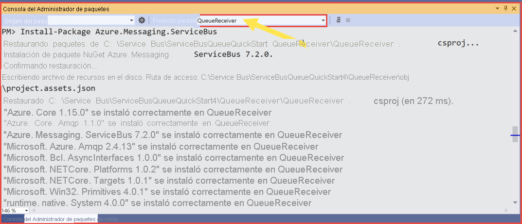 Captura de pantalla que muestra el proyecto QueueReceiver seleccionado en la consola del administrador de paquetes.