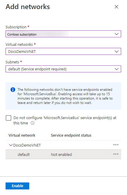 Image showing the selection of VNet and subnet.