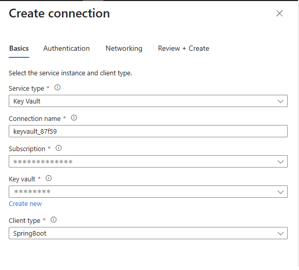 Captura de pantalla de Azure Portal; rellene la información básica para crear una conexión.