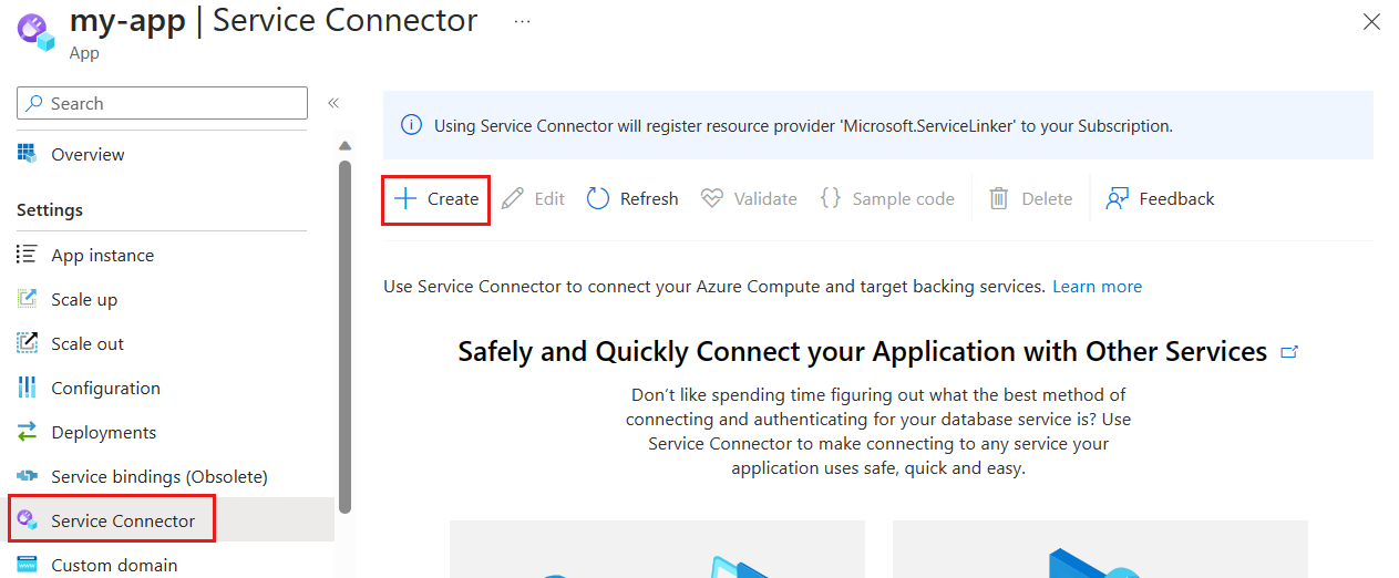 Captura de pantalla de Azure Portal, con el botón para crear la conexión seleccionado.