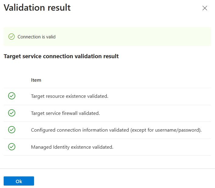 Captura de pantalla de Azure Portal, obtenga el resultado de la validación de la conexión.