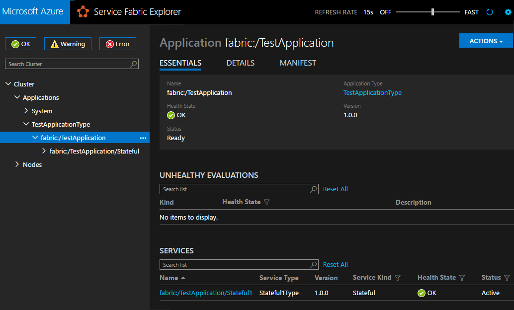 Aplicación correcta en el explorador de Service Fabric