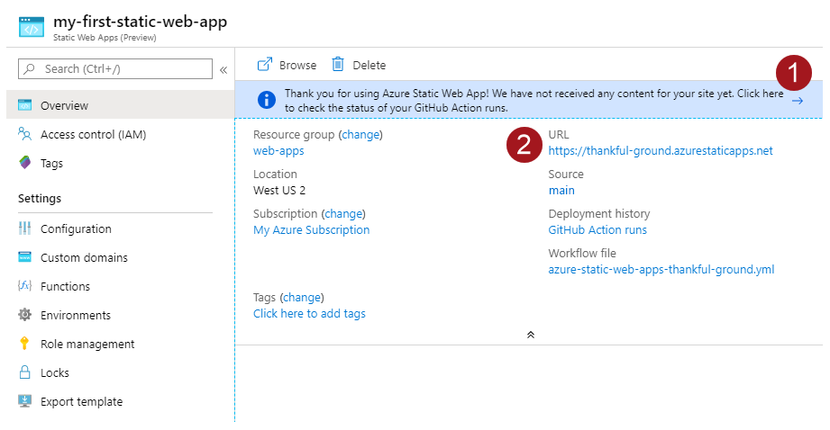 Captura de pantalla de la ventana de información general de Azure Static Web Apps.