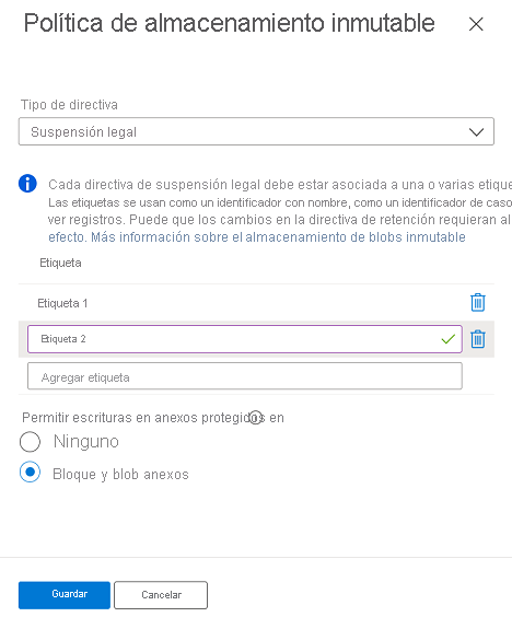 Captura de pantalla en la que se muestra cómo configurar una directiva de suspensión legal que está en el ámbito del contenedor