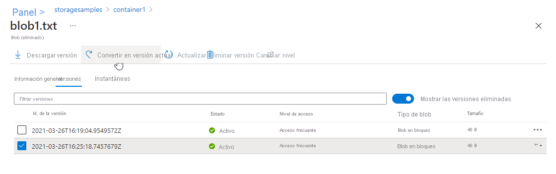 Captura de pantalla que muestra cómo promover una versión para restaurar un blob en Azure Portal