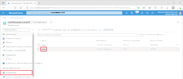 Imagen que muestra dónde buscar el contenedor de almacenamiento de un sitio web en Azure Portal