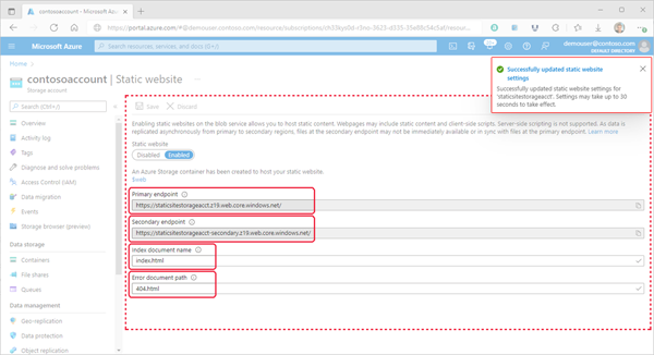 Imagen que muestra las propiedades de un sitio web estático dentro de Azure Portal