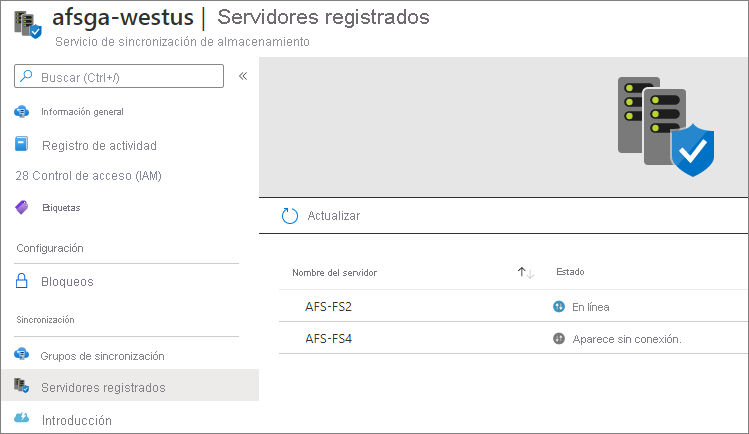 Captura de pantalla del estado de los servidores registrados