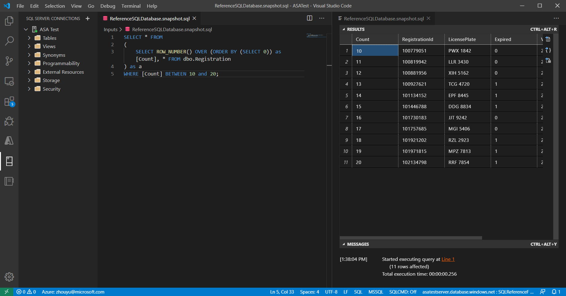 Los resultados de la búsqueda de consultas se encuentran en una pestaña del editor de VS&nbsp;Code.
