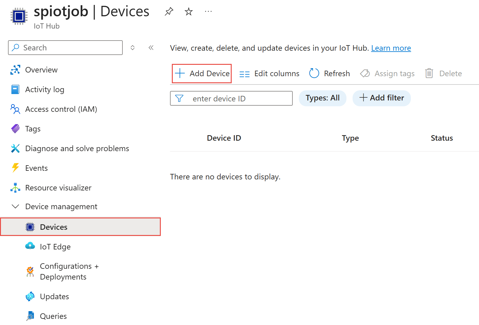 Screenshot showing the Add device button on the Devices page.