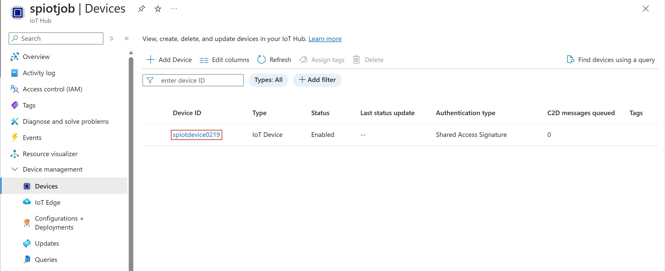 Screenshot showing the list of devices.