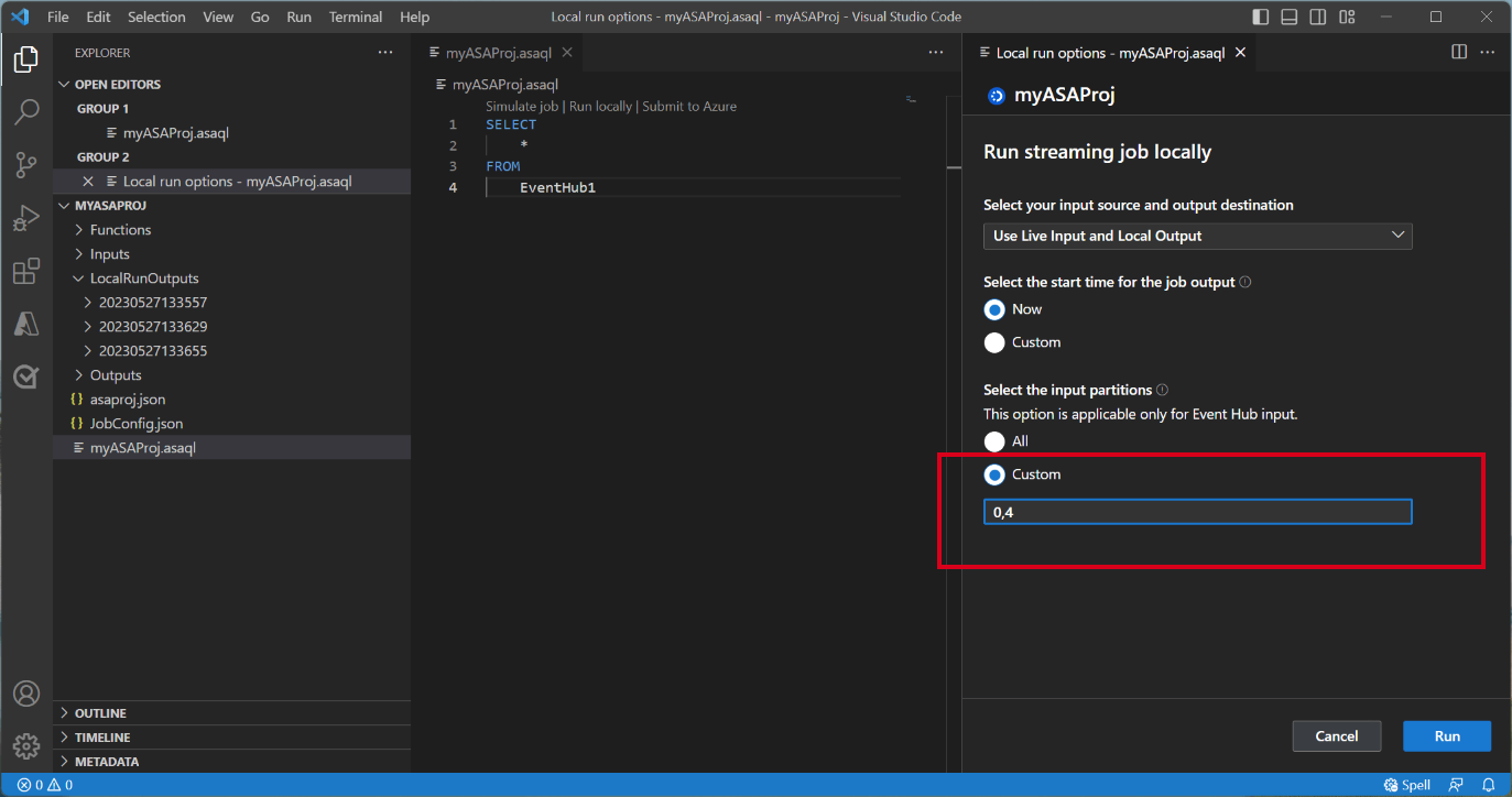 Captura de pantalla de la extensión de VS Code que especifica las particiones del centro de eventos.
