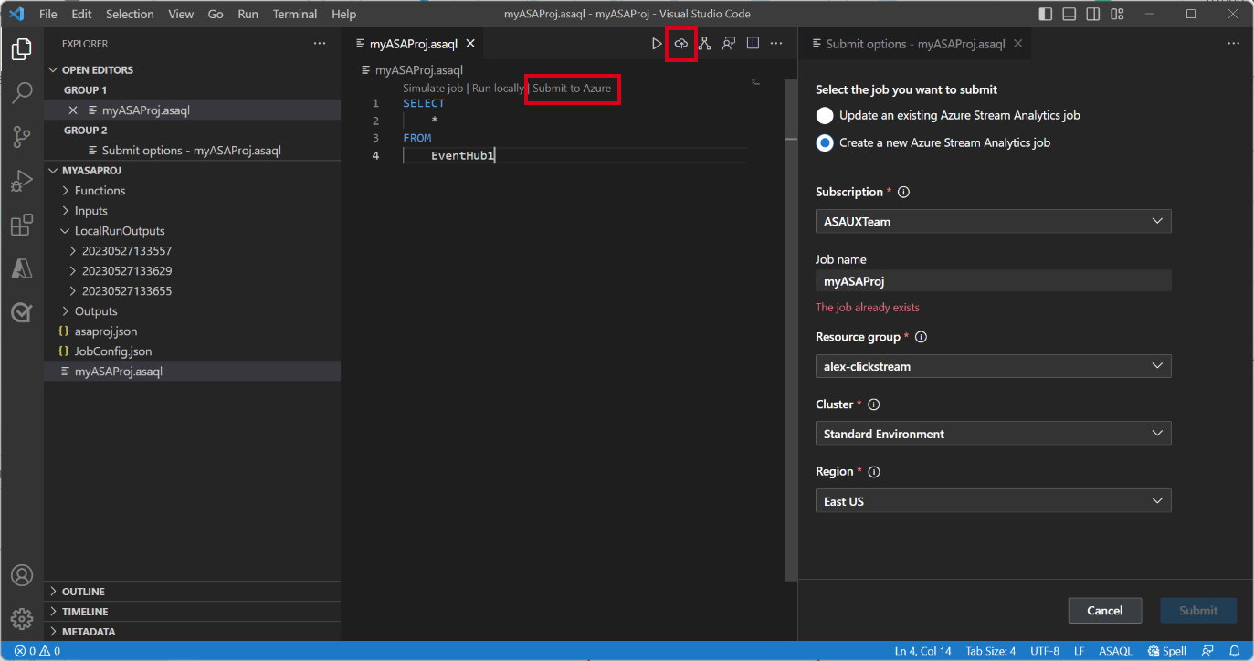 Captura de pantalla del trabajo de envío de la extensión VS Code a Azure.